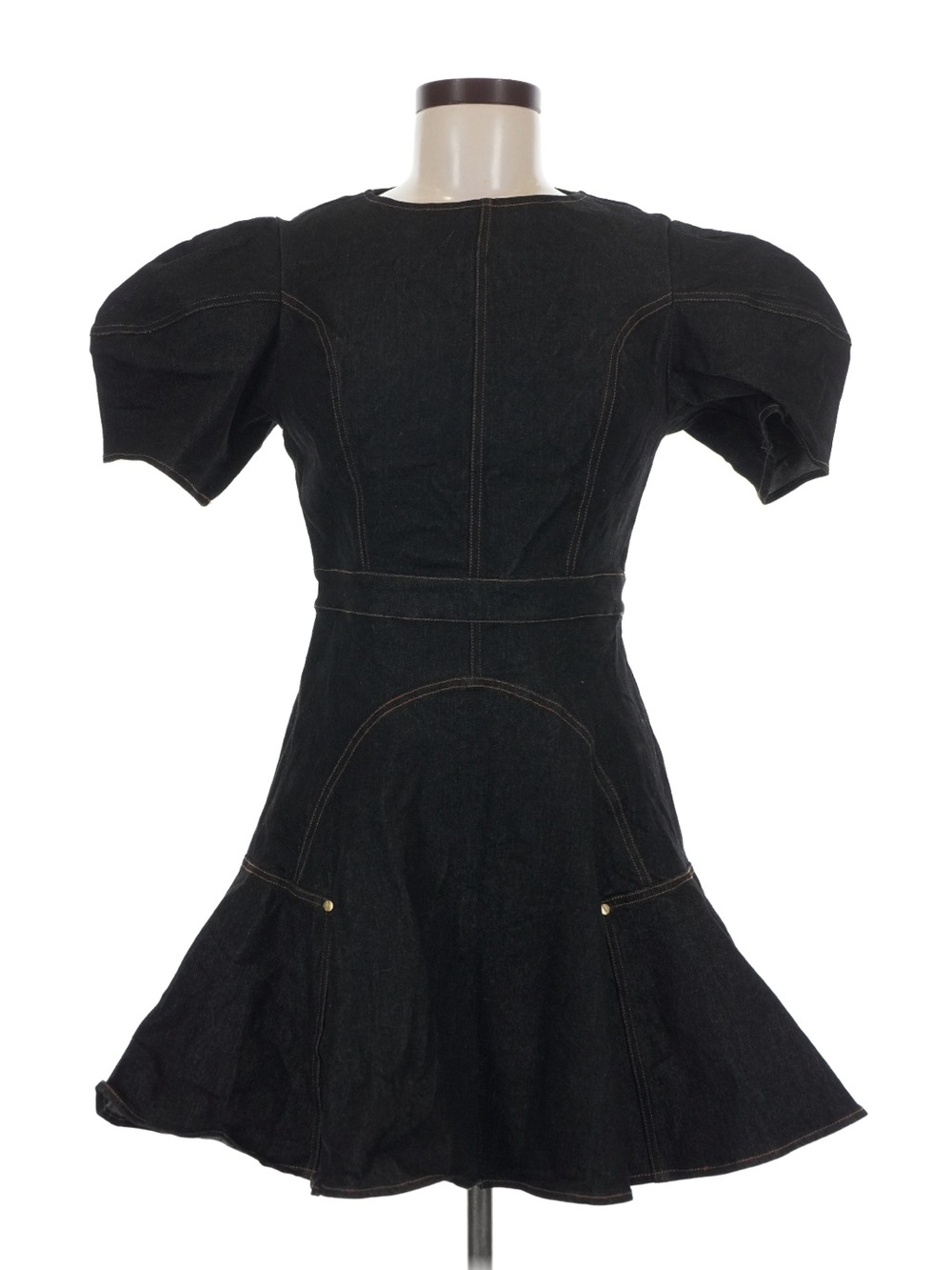 En Saison Black Denim Puff Sleeve Fit Flare Mini Dress Contrast Stitching Size M